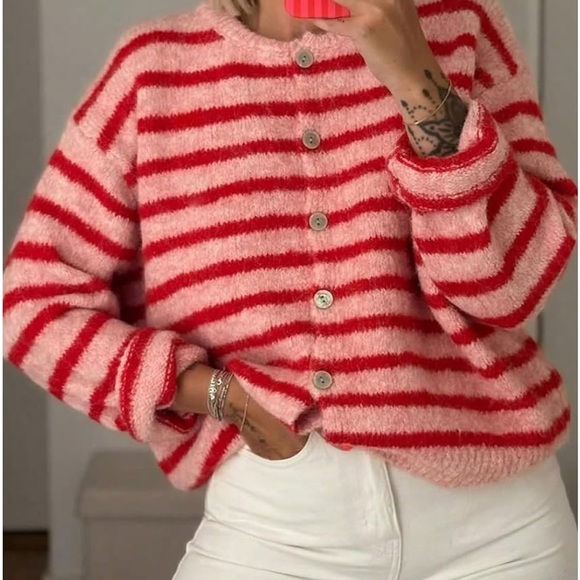Sweaters - Cozy Striped Button-Up Sweater Cardigan in Pink & Red